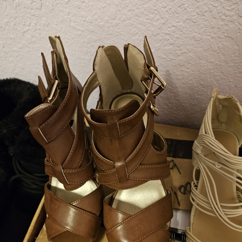 G by Guess Brown Strappy Buckle High Heel Sandals